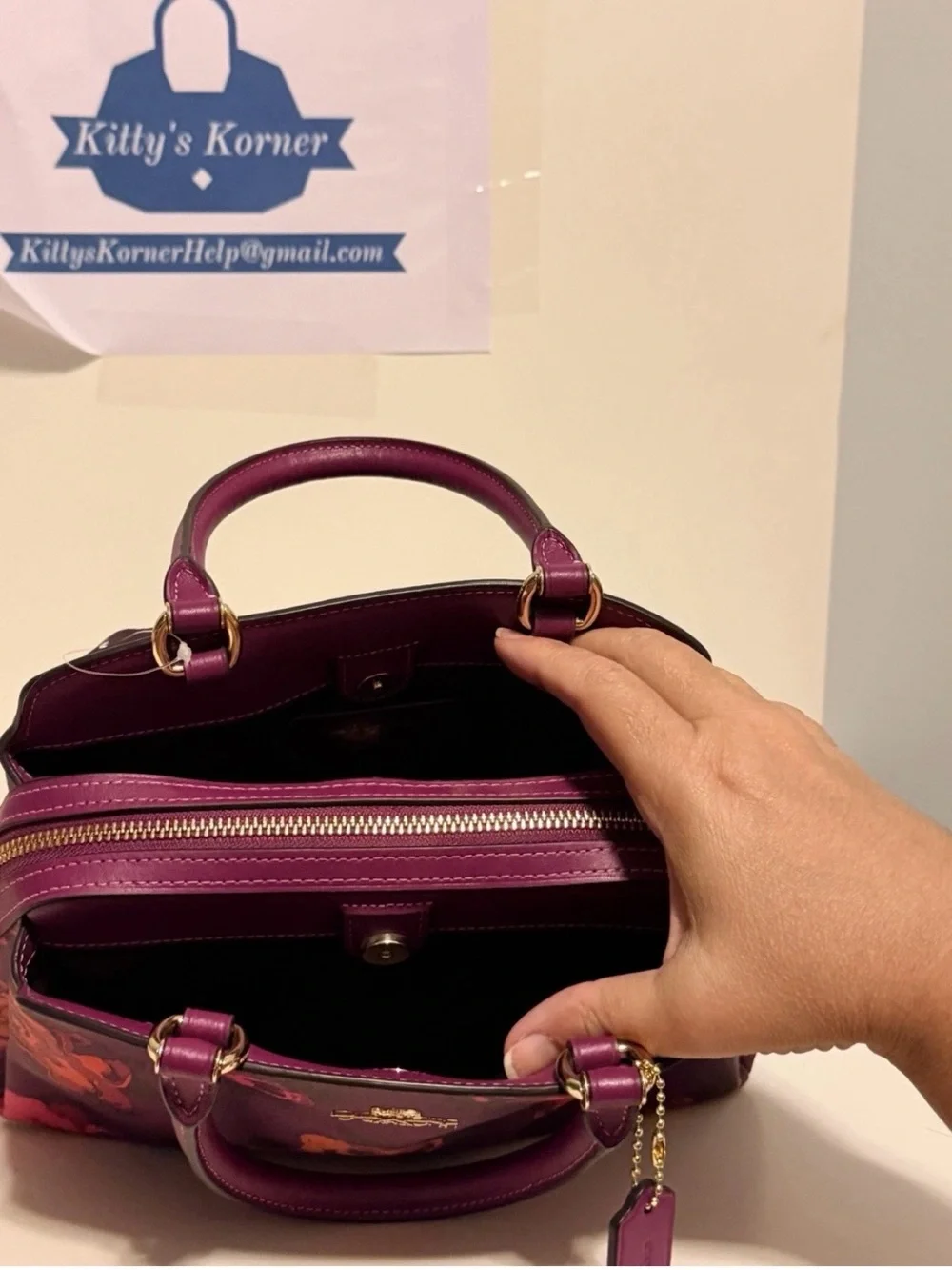 NWT Coach Mini Lillie Carryall in Dark Magenta Multi Jumbo Floral Print.